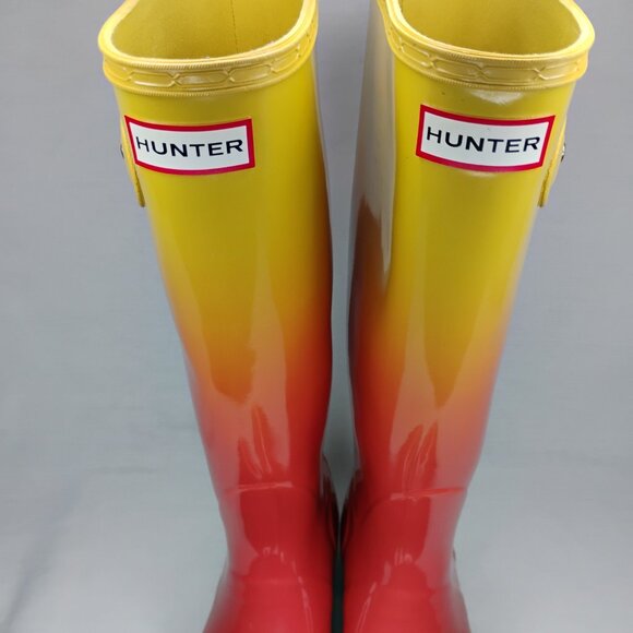 Hunter Boots Rain Tall Glossy Wellies Like New Rare Sunset Ombre Coral Yellow 7 - Picture 6 of 16